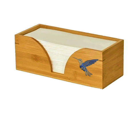 Paper Towel Dispenser with Blue Hummingbird in Natural Bamboo